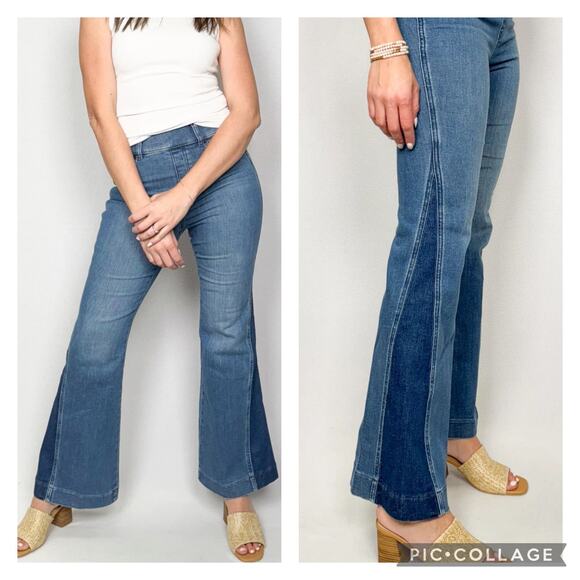 SPANX Pants - Spanx High Waisted Flare Jeans Two Tone Denim Pull On Size Medium